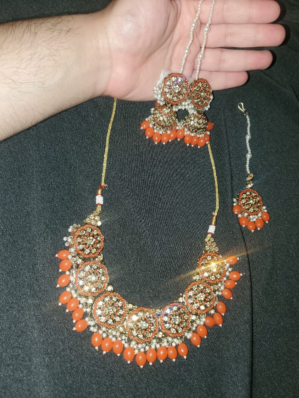 Traditional Orange and Gold Bridal Necklace Set - Brand
